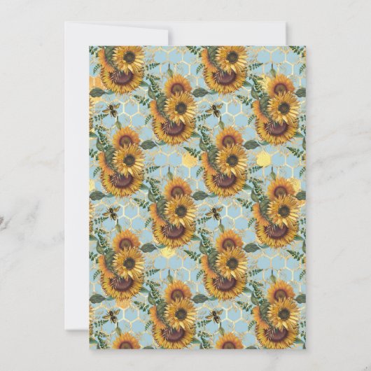 ひまわりティール(緑がかった色)ハニカムミツバチ金ゴールドブライダルシャワー 招待状 (裏面)