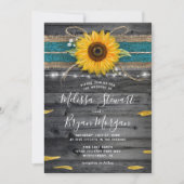ひまわりティール(緑がかった色)バーラップレース素朴ウッド結婚ズ 招待状 (正面)