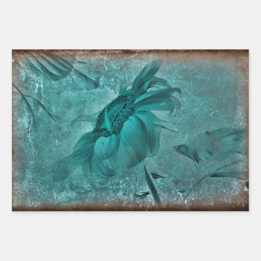 ひまわりティール(緑がかった色)ブラウンヴィンテージアンティーク グランジ ラッピングペーパーシート (正面2)