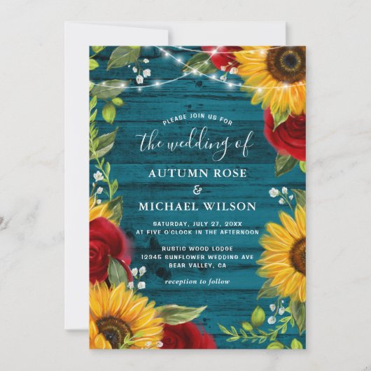 ひまわりティール(緑がかった色)ブルゴーニュ素朴バラウッドズ結婚ーズ 招待状 (正面)