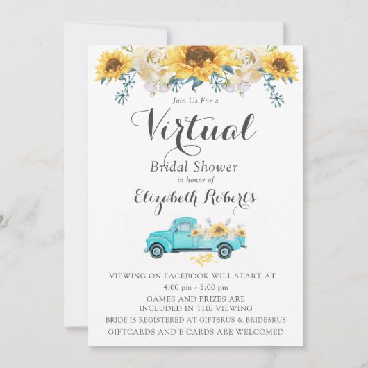 ひまわりティール(緑がかった色)ヴィンテージトラックバーチャルブライダルシャワー 招待状 (正面)