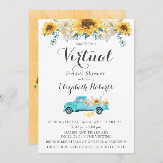 ひまわりティール(緑がかった色)ヴィンテージトラックバーチャルブライダルシャワー 招待状 (正面/裏面)