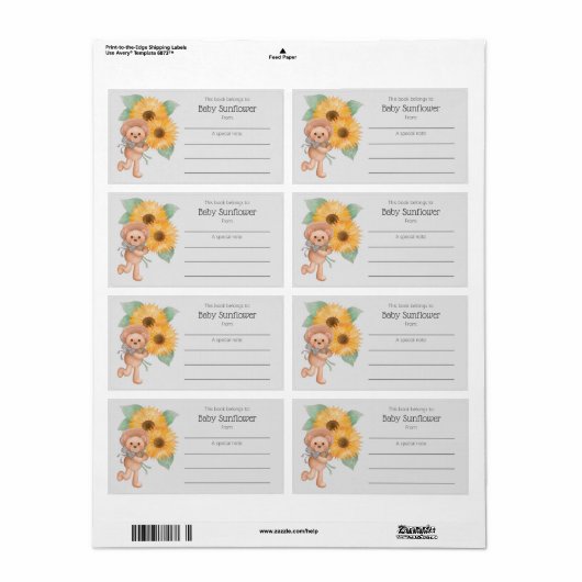 ひまわりテディベアの本は蔵書票 ラベル (フルシート)