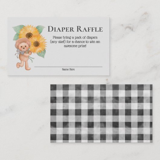 ひまわりテディベア赤ちゃんシャワーおむつラッフル エンクロージャーカード (正面/裏面)