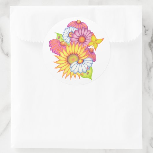 ひまわりデイジーてんとう虫ステッカー ラウンドシール (バッグ)