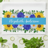 ひまわりデイジーブルーフローラ キッチンタオル (折り畳み)