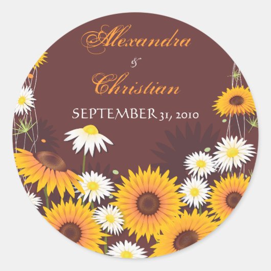 ひまわりデイジー日付の結婚発表を保存 ラウンドシール (正面)