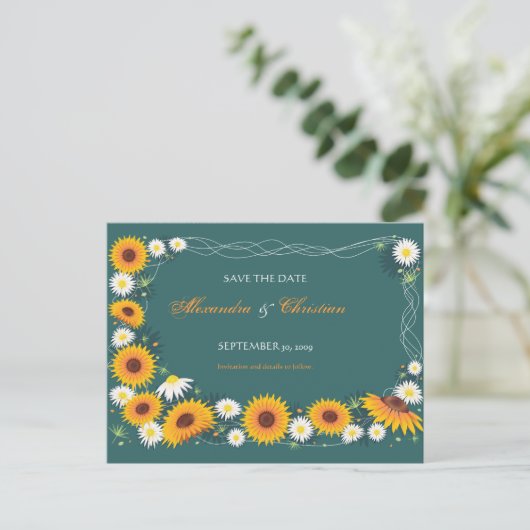 ひまわりデイジー日付の結婚発表を保存 案内ポストカード (スタンド正面)