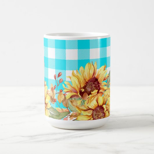 ひまわりデザインと青市松模様に型柄 コーヒーマグカップ (中央)