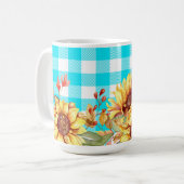 ひまわりデザインと青市松模様に型柄 コーヒーマグカップ (正面左)