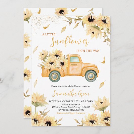ひまわりトラック赤ちゃんシャワー 招待状 (正面/裏面)