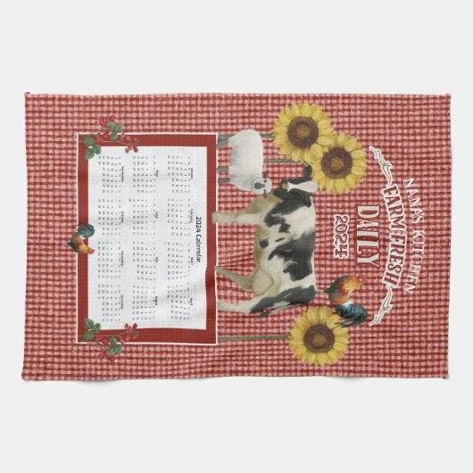 ひまわりナナロースターカウファームフレッシュレッドnホワイト キッチンタオル (横)