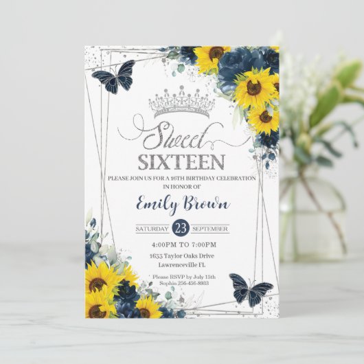 ひまわりネイビーフローラ蝶シルバースウィート16 招待状 (スタンド正面)