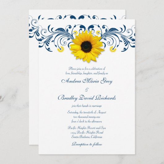 ひまわりネイビーブルーイエローホワイトフローラ結婚ズ 招待状 (正面/裏面)