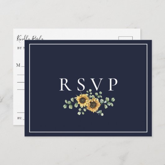 ひまわりネイビーブルーウェディングRSVP曲要求 インビテーションポストカード (正面/裏面)