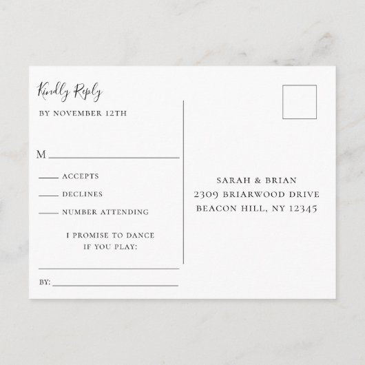 ひまわりネイビーブルーウェディングRSVP曲要求 インビテーションポストカード (裏面)