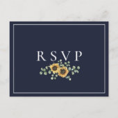 ひまわりネイビーブルーウェディングRSVP曲要求 インビテーションポストカード (正面)