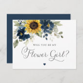 ひまわりネイビーブルーグリーンリーフラワーガール結婚ズ 招待状 (正面/裏面)