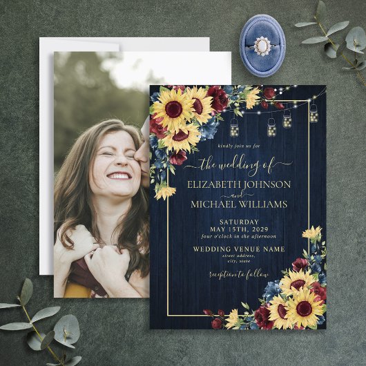 ひまわりネイビーブルーブルガンディーウッドフローラ写真v2 招待状