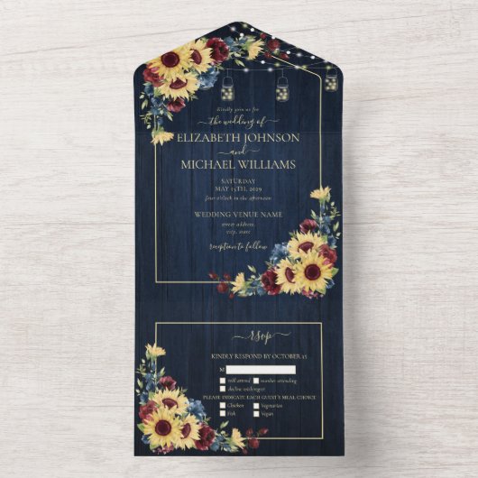 ひまわりネイビーブルーブルガンディーウッド結婚フローラ オールインワン招待状 (内側)