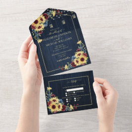 ひまわりネイビーブルーブルガンディーウッド結婚フローラ オールインワン招待状