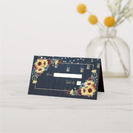 ひまわりネイビーブルーブルガンディーウッド結婚フローラ プレイスカード