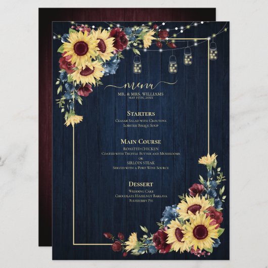 ひまわりネイビーブルーブルガンディーウッド結婚フローラ メニュー (正面/裏面)