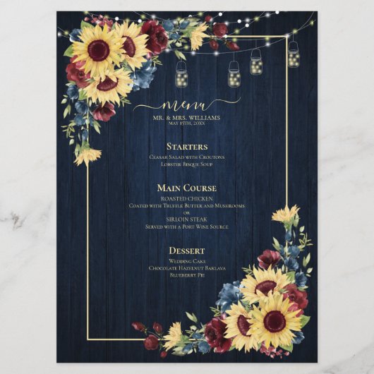 ひまわりネイビーブルーブルガンディーウッド結婚フローラ メニュー (正面)