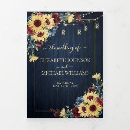 ひまわりネイビーブルーブルガンディーウッド結婚フローラ 三つ折り招待状