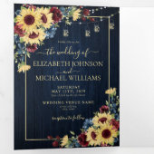 ひまわりネイビーブルーブルガンディーウッド結婚フローラ 三つ折り招待状 (内部最初)