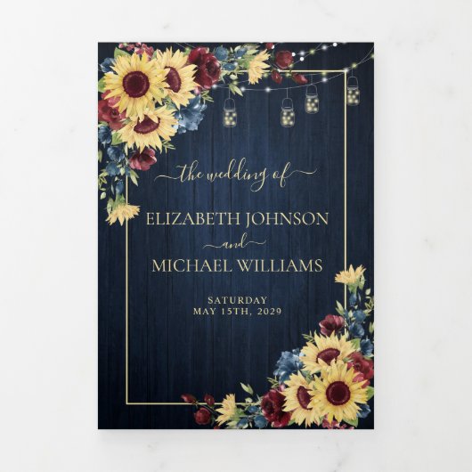ひまわりネイビーブルーブルガンディーウッド結婚フローラ 三つ折り招待状 (カバー)