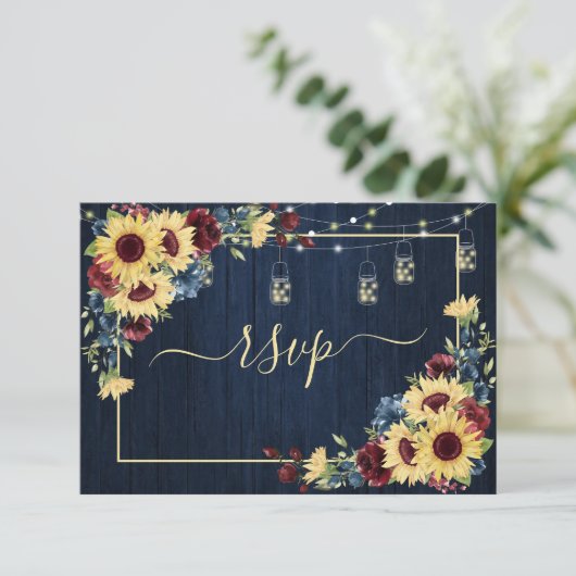 ひまわりネイビーブルーブルゴーニュ木材フローラ+メニュー 出欠カード (スタンド正面)