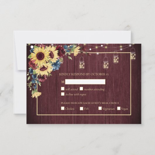 ひまわりネイビーブルーブルゴーニュ木材フローラ+メニュー 出欠カード (裏面)
