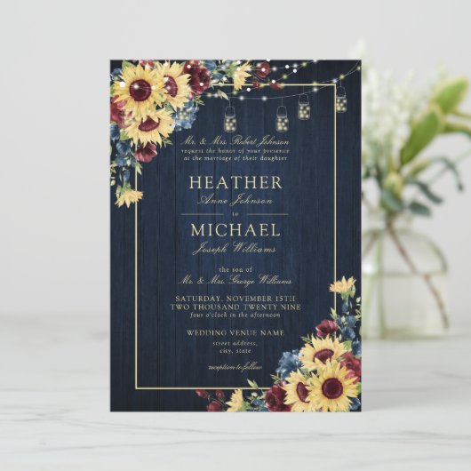 ひまわりネイビーブルーブルゴーニュ結婚ウッドフローラI 招待状 (スタンド正面)