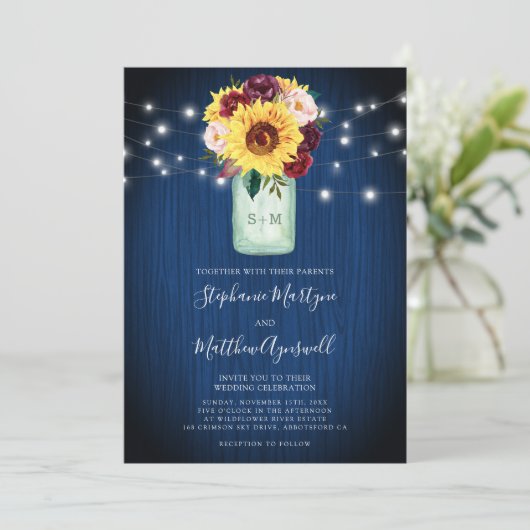 ひまわりネイビーブルーメイソンジャールライツ結婚ズ 招待状 (スタンド正面)
