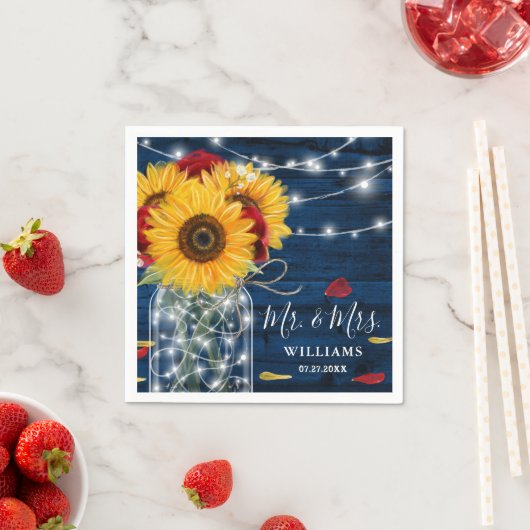 ひまわりネイビーブルーレッドローズ素朴ウッド結婚ズ スタンダードカクテルナプキン (インサイチュ)