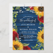 ひまわりネイビーブルーレッドローズ素朴ウッド結婚ズ 招待状 (正面)