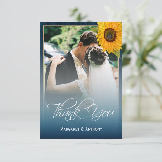 ひまわりネイビーブルー素朴ウッド結婚ズ サンキューカード (スタンド正面)