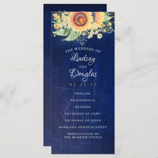 ひまわりネイビーブルー素朴秋の結婚式プログラム プログラム (正面/裏面)