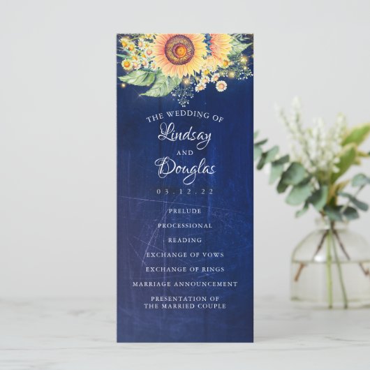 ひまわりネイビーブルー素朴秋の結婚式プログラム プログラム (スタンド正面)