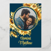 ひまわりネイビーブルー結婚フォト金ゴールド 箔招待状 (正面)