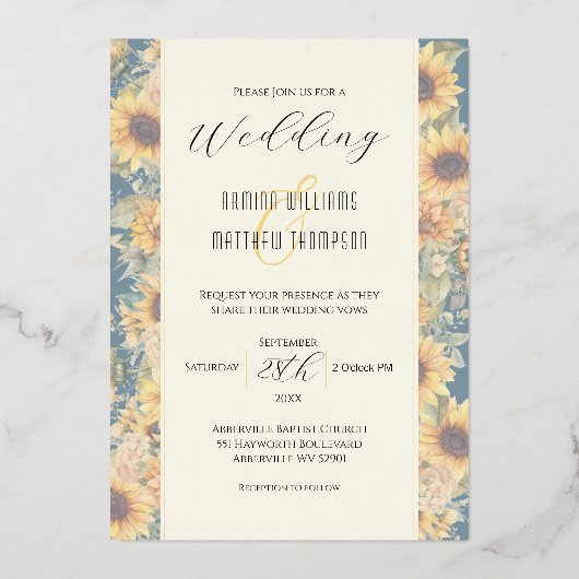 ひまわりネイビーブルー結婚フォト金ゴールド 箔招待状 (裏面)