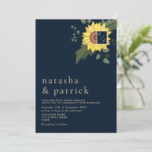 ひまわりネイビーブルー金ゴールドモダンウェディング招待 招待状 (スタンド正面)