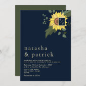 ひまわりネイビーブルー金ゴールドモダンウェディング招待 招待状 (正面/裏面)