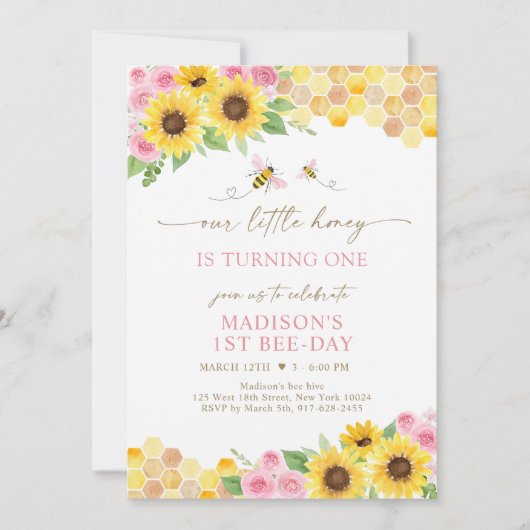 ひまわりハニービーピンクフローラ誕生日 招待状 (正面)