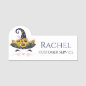 ひまわりハロウィーンの魔女の猫パーソナライズされたの名前 名札 (正面)