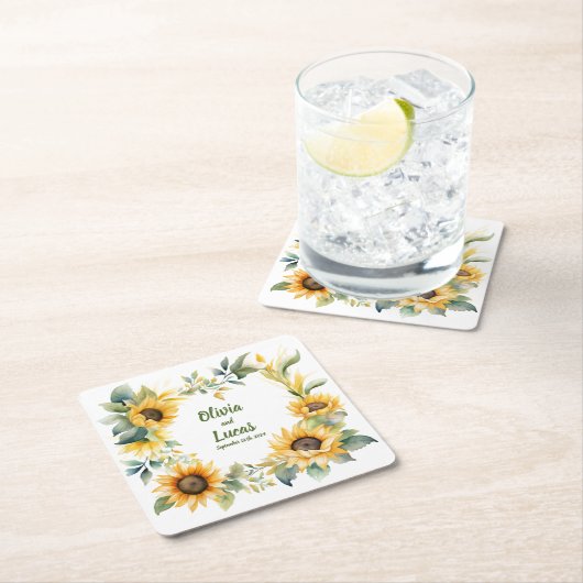 ひまわりハートパーソナライズされた:結婚のコースター スクエアペーパーコースター (インサイチュ)