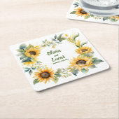 ひまわりハートパーソナライズされた:結婚のコースター スクエアペーパーコースター (アングル)