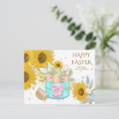 ひまわりバスケット復活祭の卵の名前ホワイト シーズンポストカード (スタンド正面)