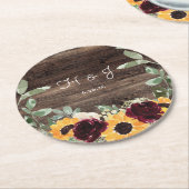 ひまわりバラズバーンウッドモノグラム結婚ズ ラウンドペーパーコースター (アングル)